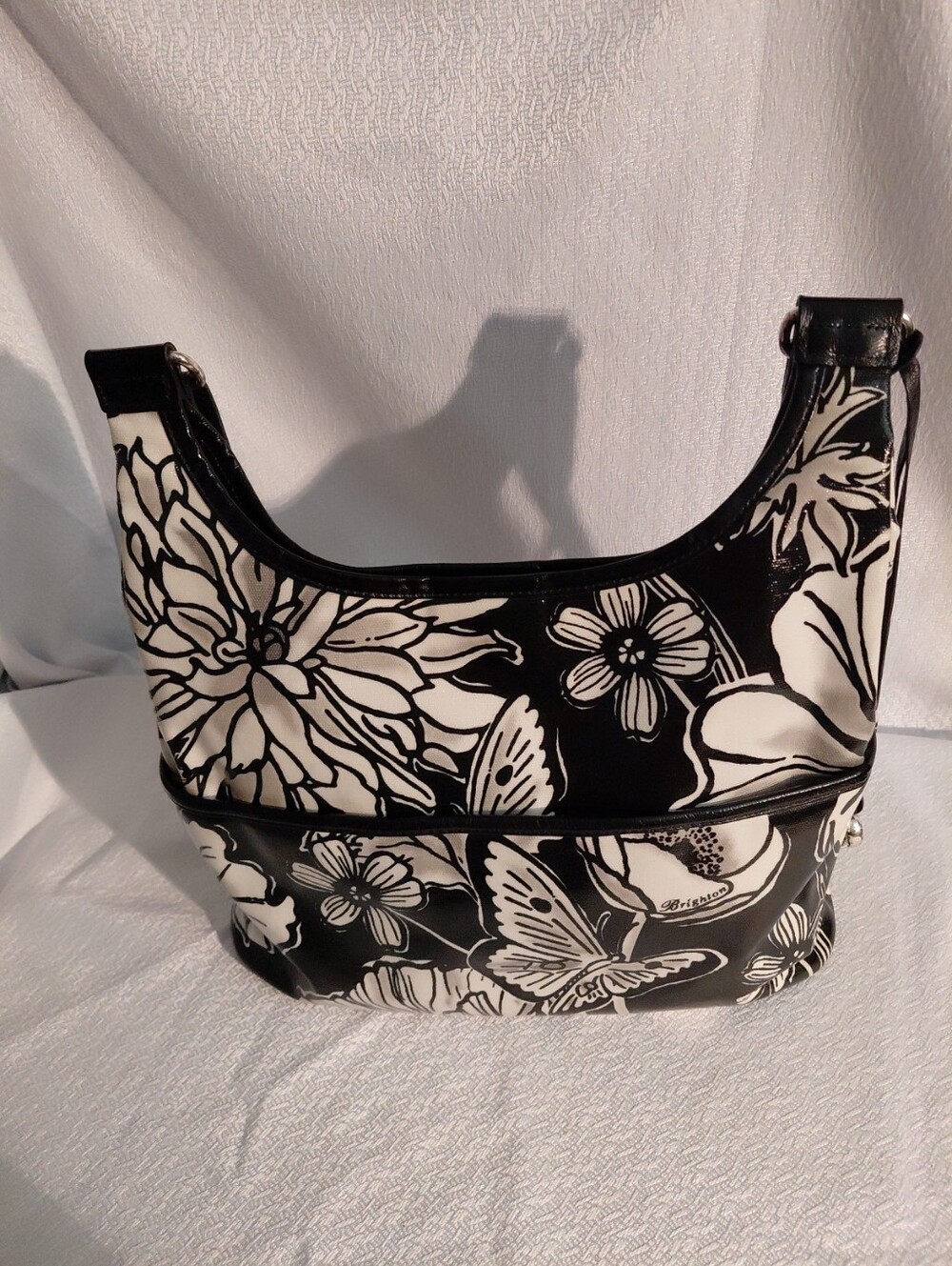 Brighton Handbag Black & White Floral with Logo Attached.